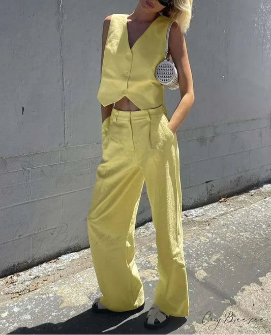 Yellow Cotton Sleeveless Crop Trousers Office Set Yellow / S officetwopieceset-250223