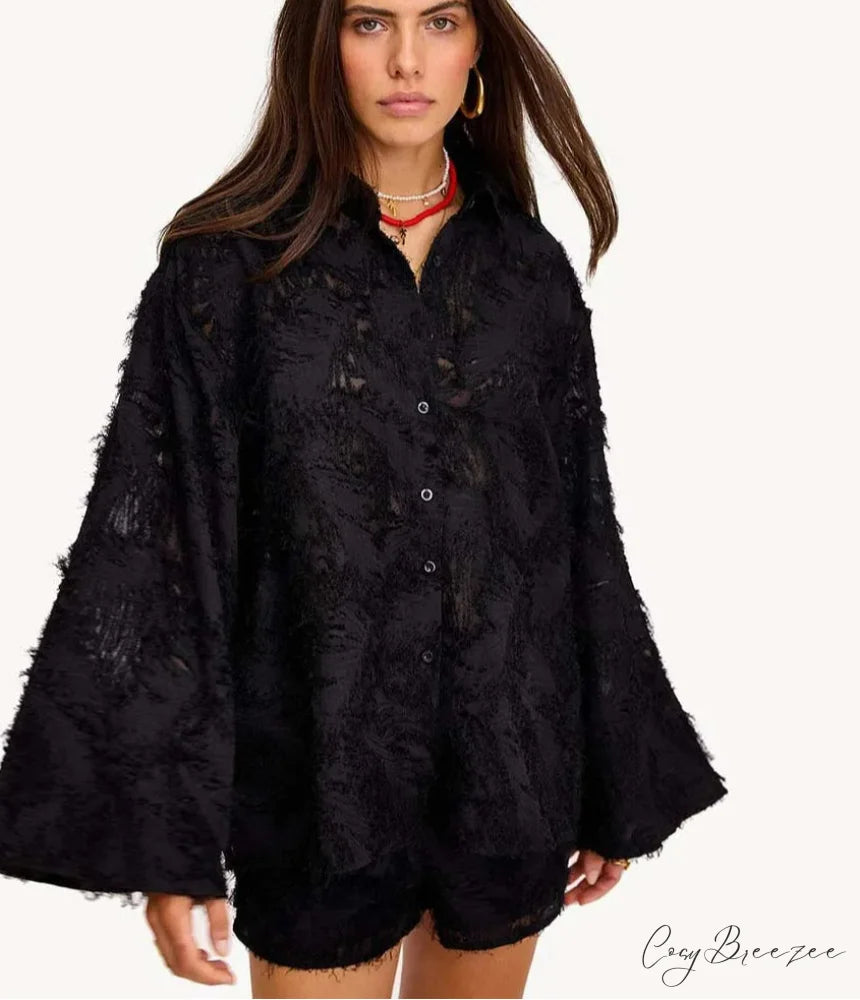 Yellow Feather Drawstring Shorts Office Set Black / S officetwopieceset-250223