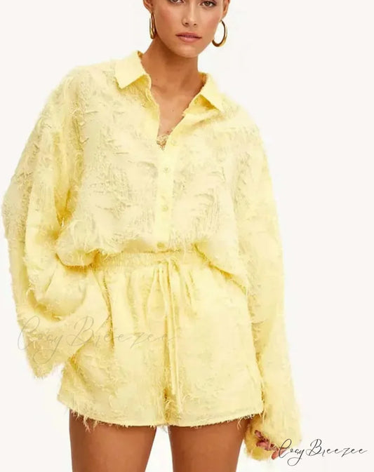 Yellow Feather Drawstring Shorts Office Set Yellow / S officetwopieceset-250223