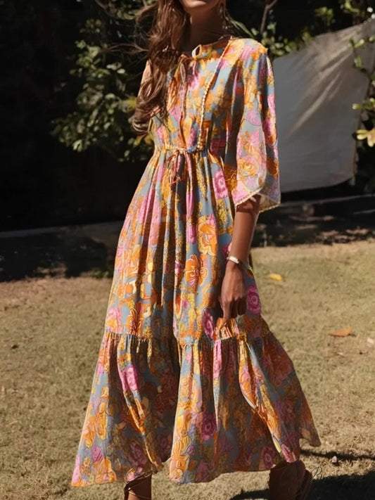 Yellow Floral Print Batwing Sleeve Beach Summer Maxi Dress Purple / S bohodress-250126