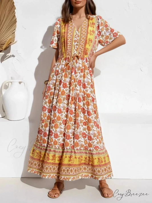 Yellow Floral Print Ruffle Sleeve Pleated Summer Maxi Dress Yellow / S bohodress-250126