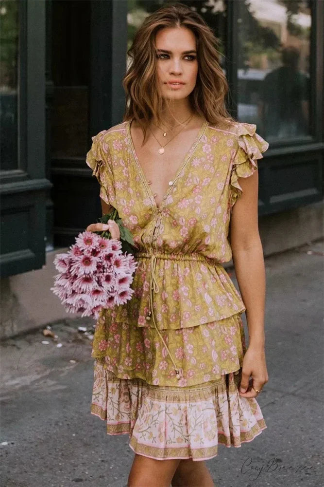 Yellow Floral Print V-neck Lace Tassel Summer Mini Boho Sundress bohodress-250126