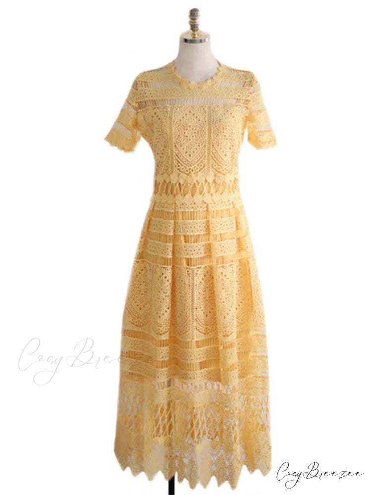 Yellow Lace Summer Style Short Sleeve Hollow Out Midi Vintage Dress