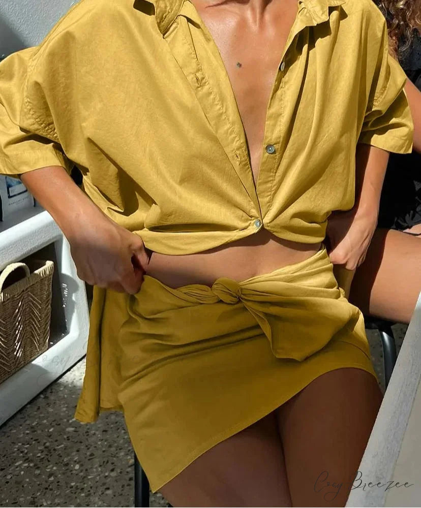 Yellow Loose Half Sleeve Mini Office Set officetwopieceset-250223