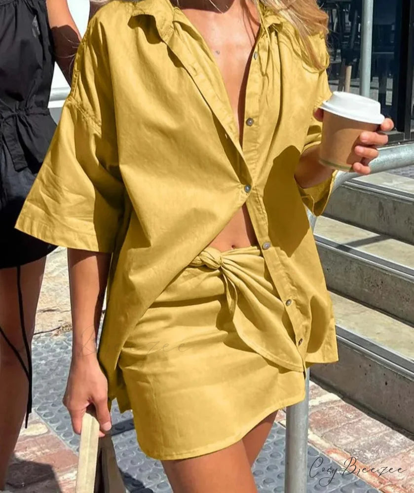 Yellow Loose Half Sleeve Mini Office Set Yellow / S officetwopieceset-250223