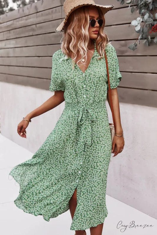 Yellow Maxi Dress with Short Sleeves and Belt S / Yellow