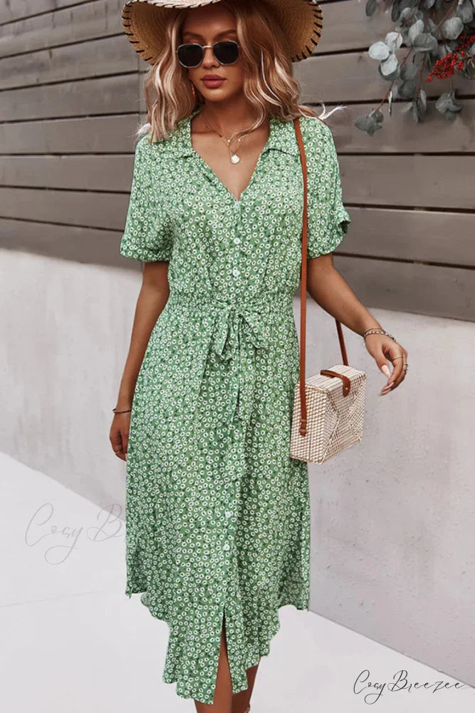 Yellow Maxi Dress with Short Sleeves and Belt S / Blue