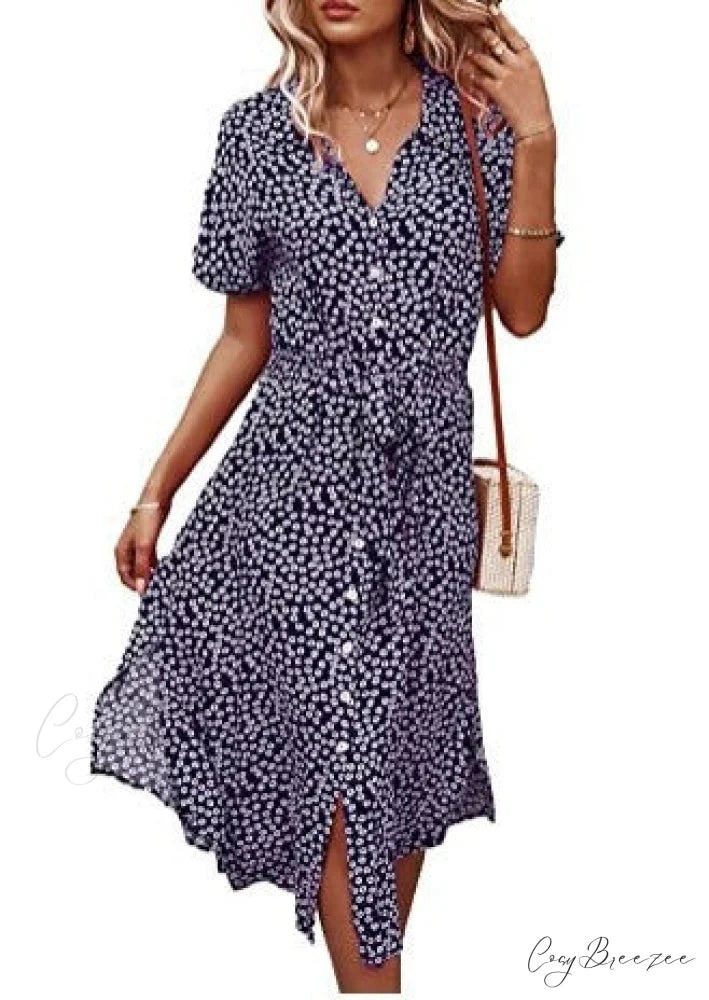 Yellow Maxi Dress with Short Sleeves and Belt S / Navy