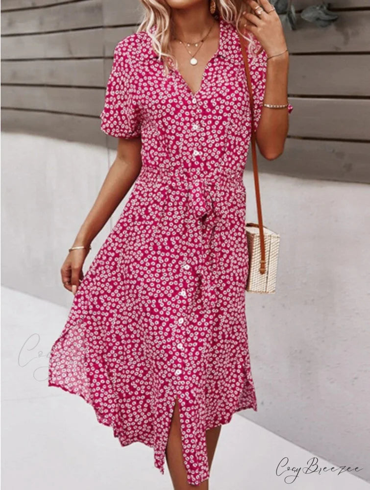 Yellow Maxi Dress with Short Sleeves and Belt S / Red