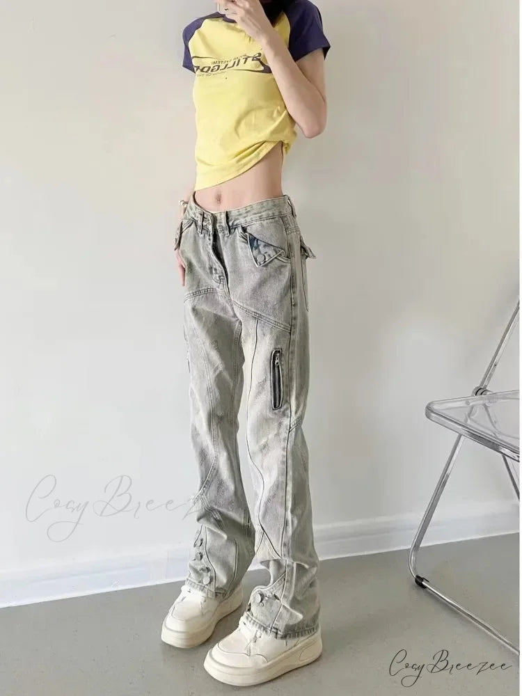Yellow Mud Color Street Zippered High Street Trendy Slimming Micro Flared Jean