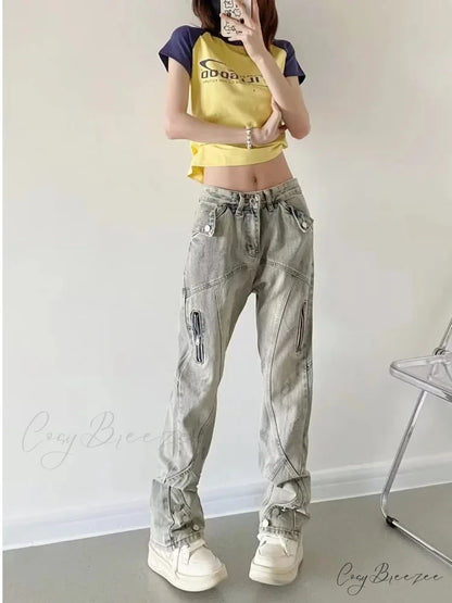 Yellow Mud Color Street Zippered High Street Trendy Slimming Micro Flared Jean Yellow mud color / S