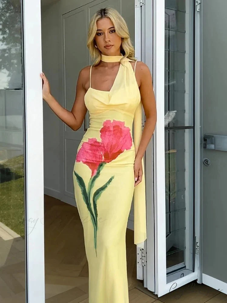 Yellow Open-Back Holiday Dress vacationdress-250223