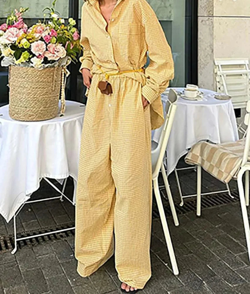 Yellow Print Pockets Button Pants Office Set Yellow / S officetwopieceset-250223