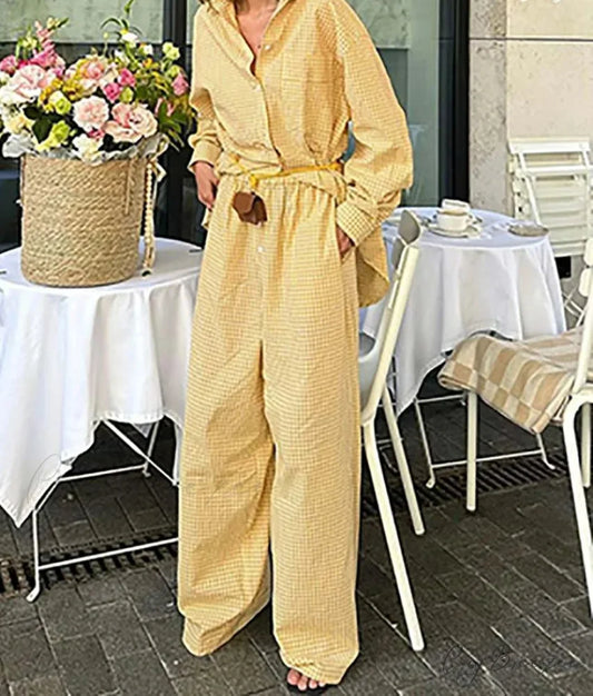 Yellow Print Pockets Button Pants Office Set Yellow / S officetwopieceset-250223