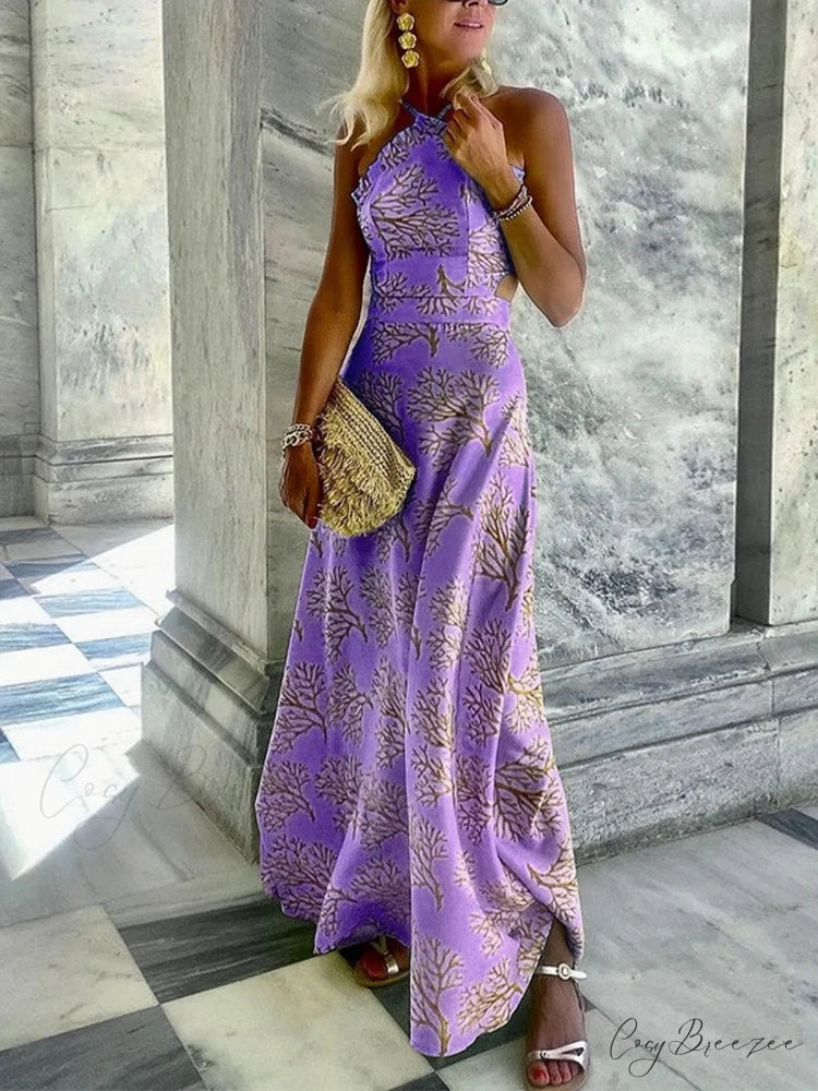 Yellow Printed Halter Backless Dress S / Yellow