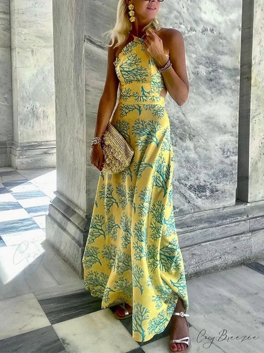 Yellow Printed Halter Backless Dress S / Green