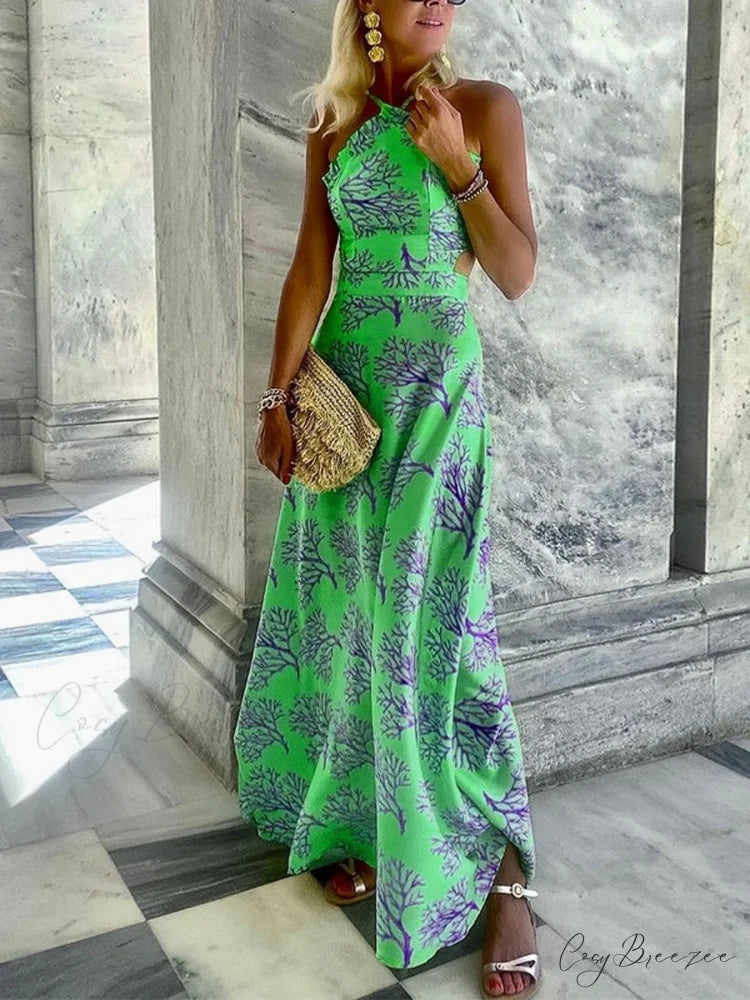 Yellow Printed Halter Backless Dress S / Purple