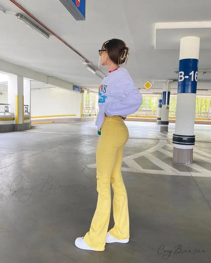 Yellow Ripped Women Flare Lady Stretch Vintage High Waist Denim Pants Lady Y2K Punk Streetwear Slim Bell Bottom