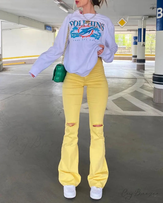 Yellow Ripped Women Flare Lady Stretch Vintage High Waist Denim Pants Lady Y2K Punk Streetwear Slim Bell Bottom