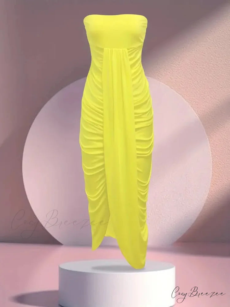 Yellow Strapless Ruched Bodycon Dress with Slit