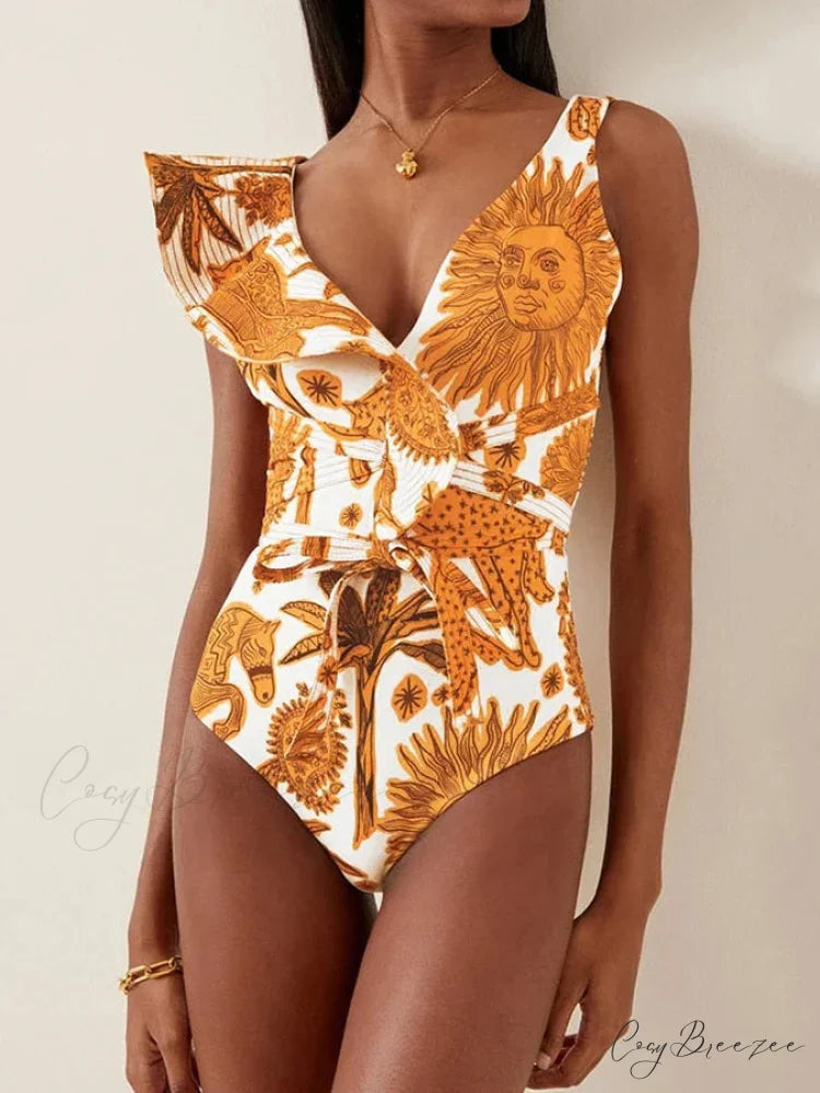 Yellow Sun Pattern V Neck Swimsuit Yellow / S onepiece-250223
