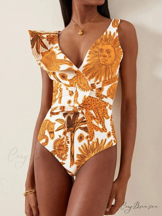 Yellow Sun Pattern V Neck Swimsuit Yellow / S onepiece-250223