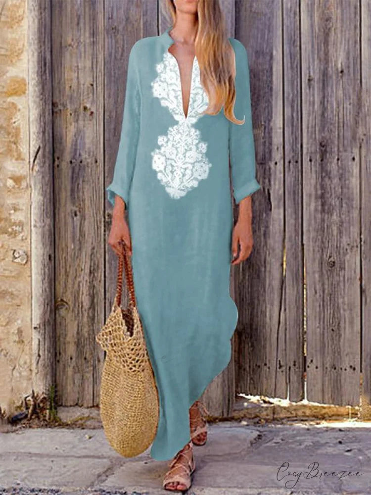 Yellow V-neck Maxi Dress with Long Sleeves and Split Sides S / Yellow