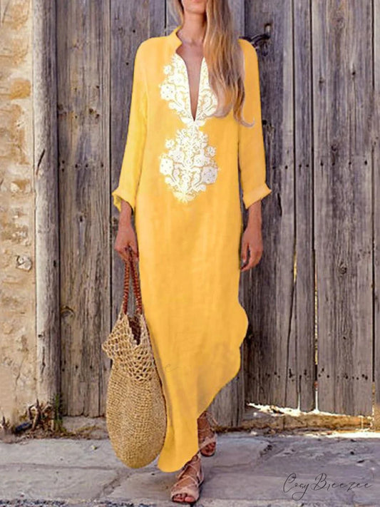 Yellow V-neck Maxi Dress with Long Sleeves and Split Sides S / Light blue