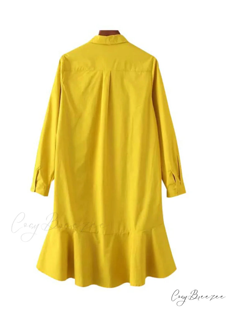 Yellow White Long Sleeve Dress with Turn Down Collar M / White