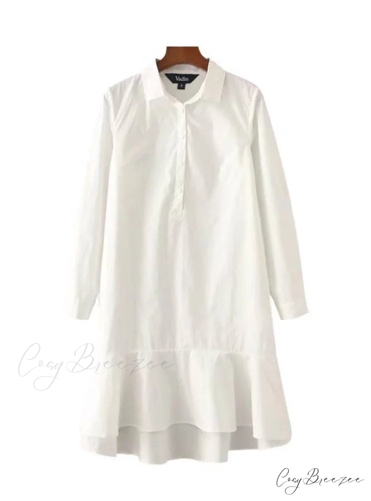 Yellow White Long Sleeve Dress with Turn Down Collar S / White
