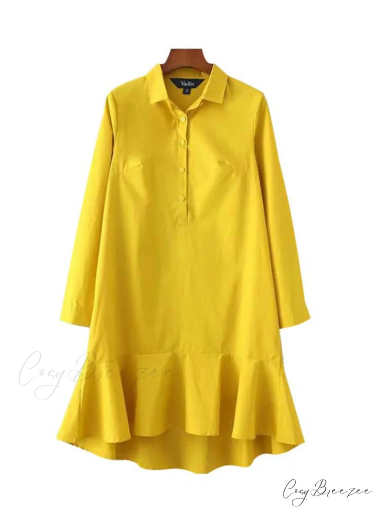 Yellow White Long Sleeve Dress with Turn Down Collar S / Yellow