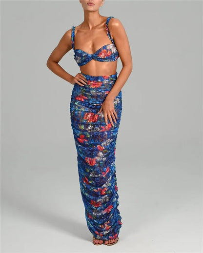 Alyssa Strapless Ruched Print Sexy Top And Skirt Set