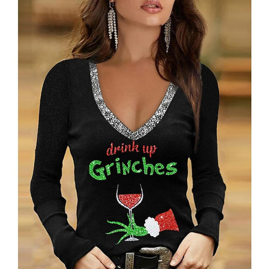 Sparkly 3D Painting shirt Green Wine / Christmas Regular T Weekend Design V Fuchsia Tee Women's Neck Long S Tree Arm Design Basic