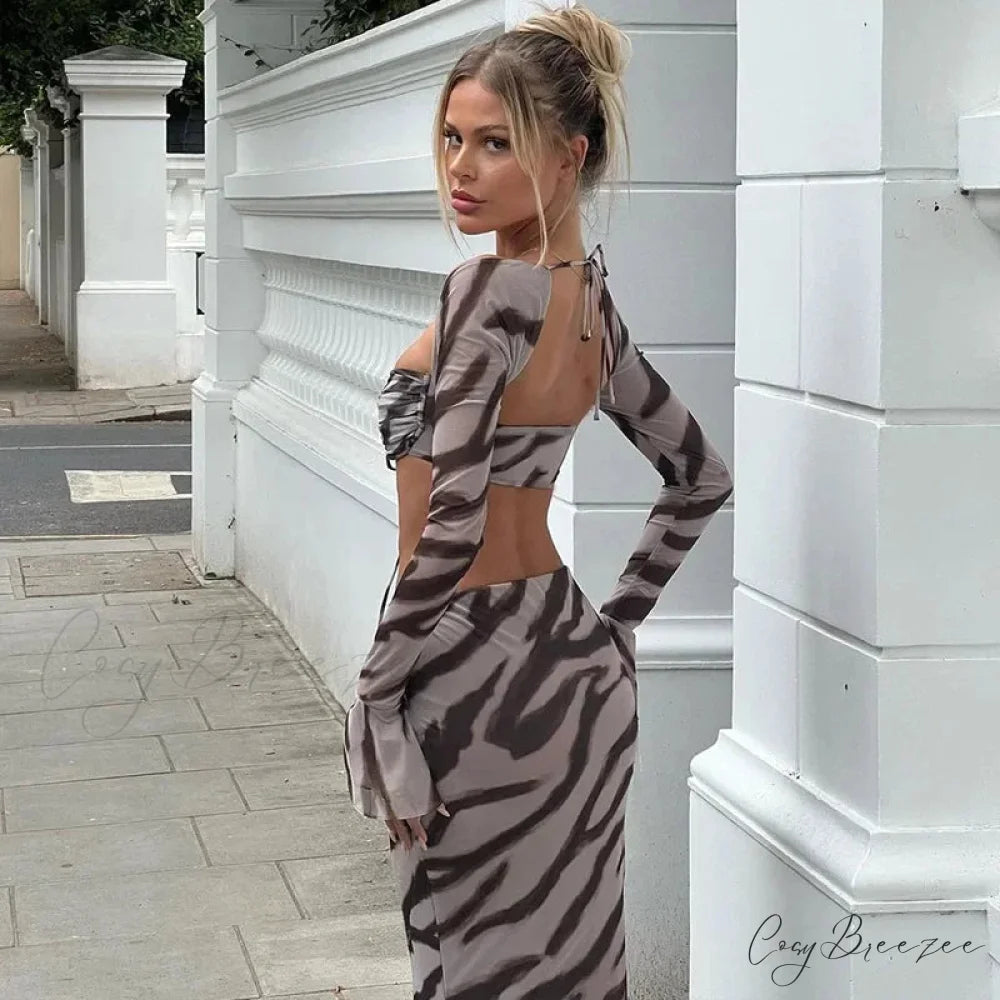 Zebra Print Y2K Skirt Two Piece Set Long Sleeve Backless Crop Top and Skirt Suit Maxi Dress