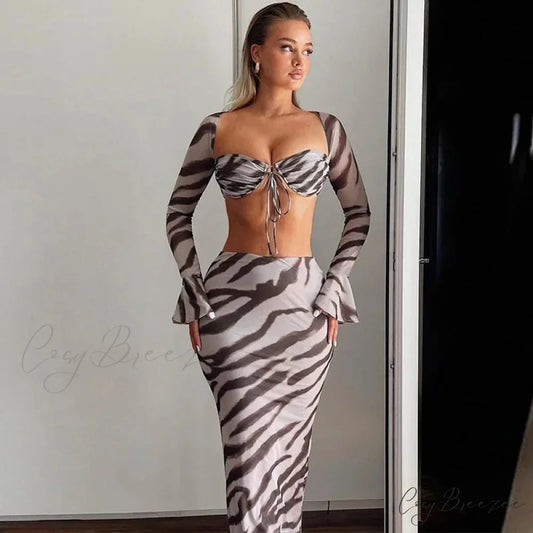 Zebra Print Y2K Skirt Two Piece Set Long Sleeve Backless Crop Top and Skirt Suit Maxi Dress Zebra / S