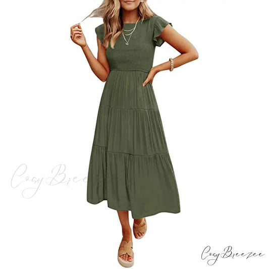 ZESICA Summer Flutter Short Sleeve Smocked Midi Dress for Women