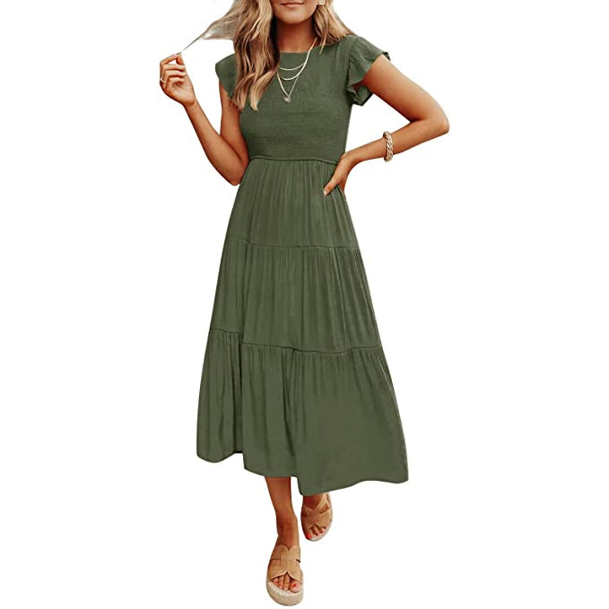 ZESICA Summer Flutter Short Sleeve Smocked Midi Dress for Women