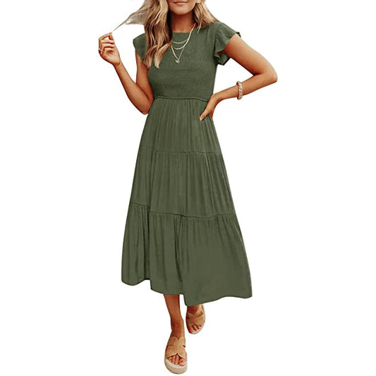 ZESICA Summer Flutter Short Sleeve Smocked Midi Dress for Women