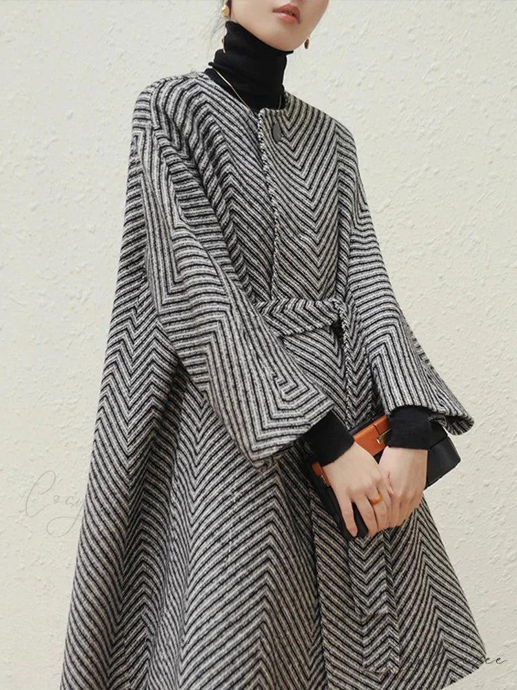 Zigzag Woolen Sashes A-Line Coat Multicolor / S overcoats-241228