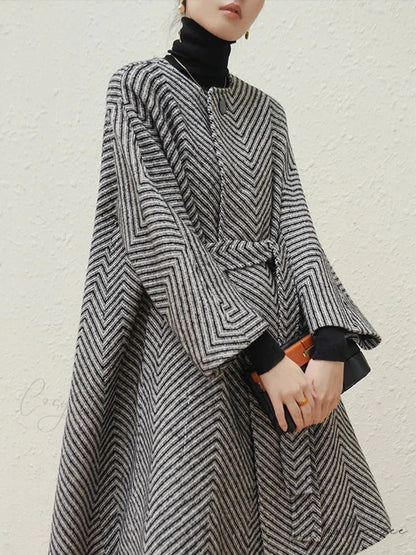 Zigzag Woolen Sashes A-Line Coat Multicolor / S overcoats-241228