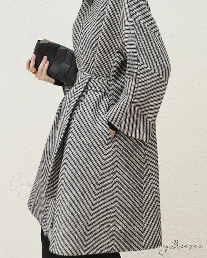 Zigzag Woolen Sashes A-Line Coat overcoats-241228