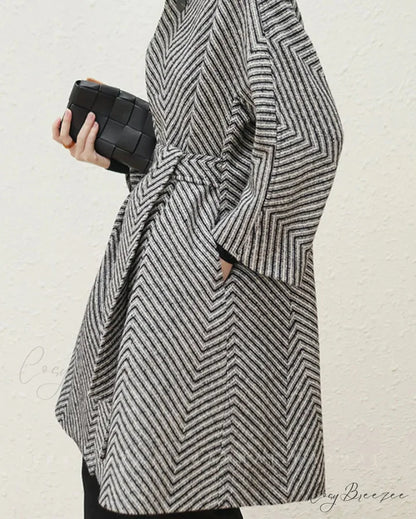 Zigzag Woolen Sashes A-Line Coat overcoats-241228