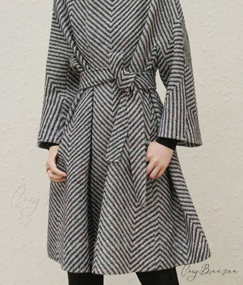 Zigzag Woolen Sashes A-Line Coat overcoats-241228