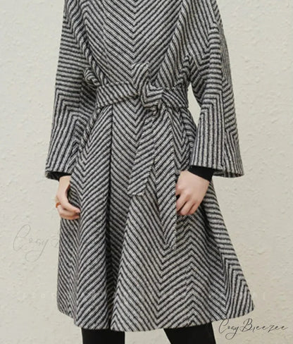 Zigzag Woolen Sashes A-Line Coat overcoats-241228
