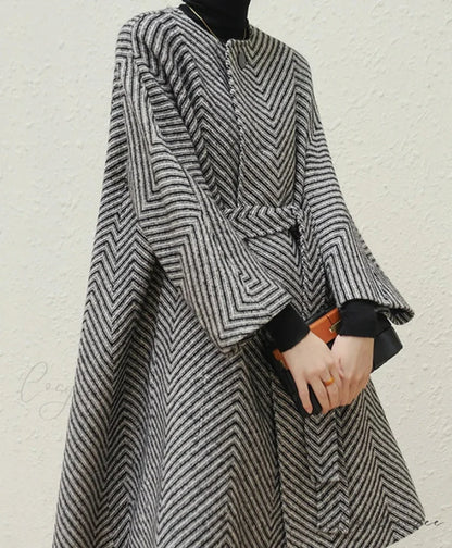 Zigzag Woolen Sashes A-Line Coat overcoats-241228