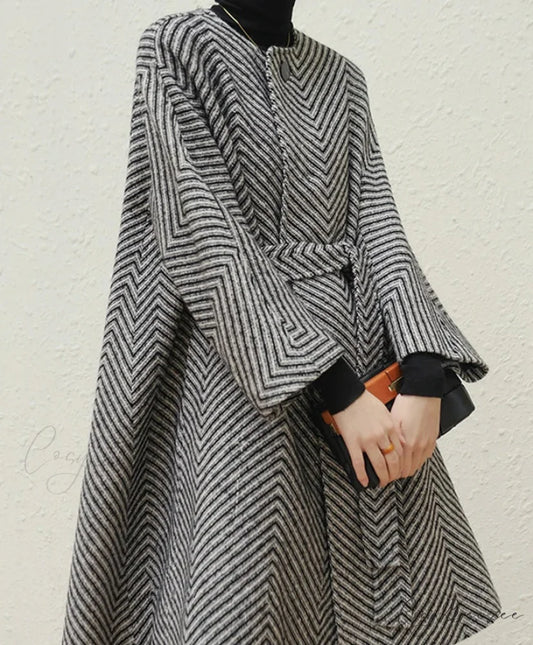 Zigzag Woolen Sashes A-Line Coat overcoats-241228