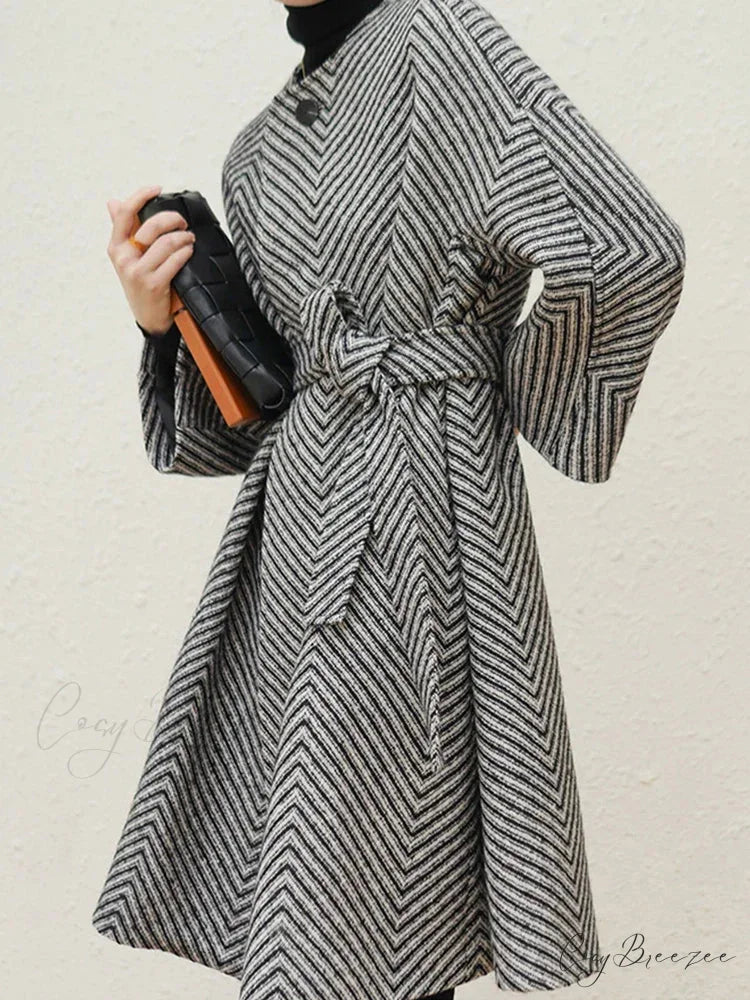 Zigzag Woolen Sashes A-Line Coat overcoats-241228
