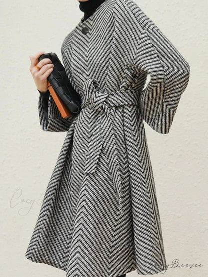 Zigzag Woolen Sashes A-Line Coat overcoats-241228