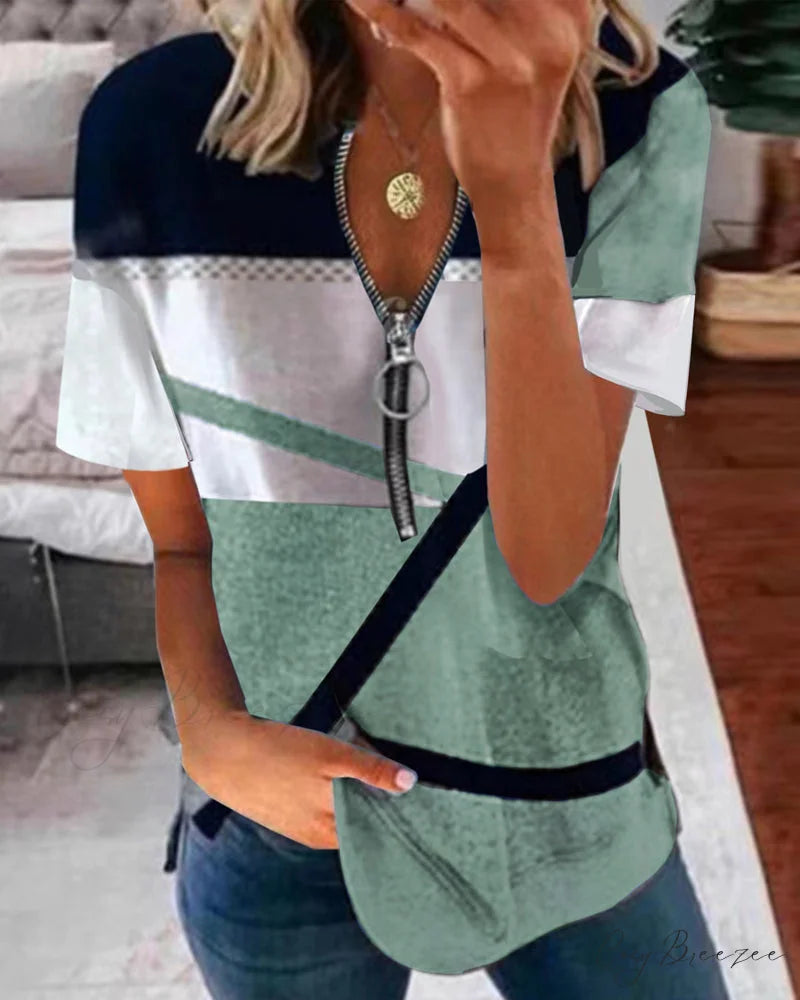 Zip print short sleeve tee Green / S