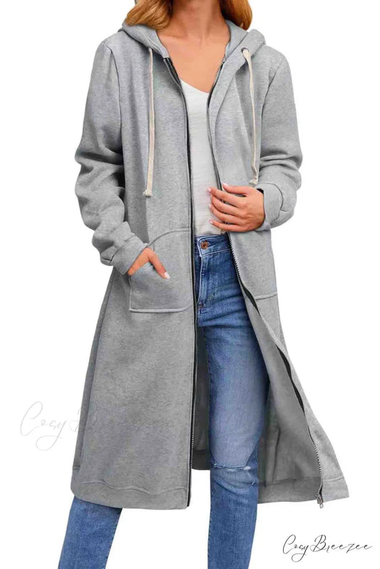 Zip Up Hooded Long Drawstring Cardigan Grey / S